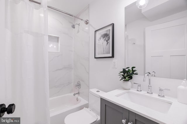 full bathroom with vanity, shower / bathtub combination with curtain, and toilet