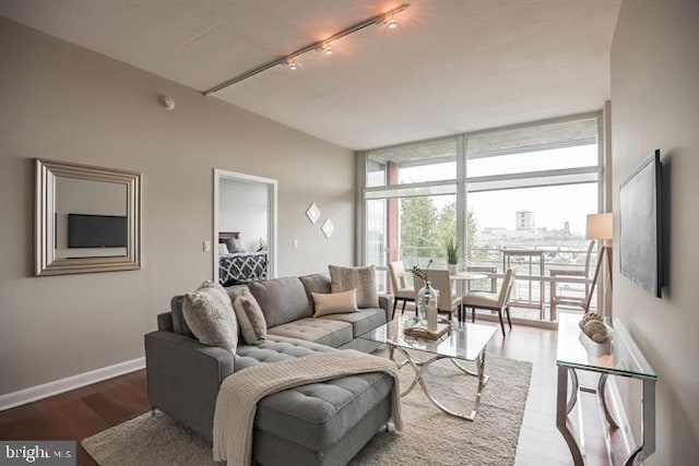 living room with hardwood / wood-style flooring, track lighting, and floor to ceiling windows