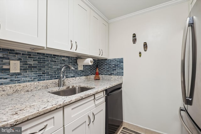 kitchen with sink, ornamental molding, dishwasher, light stone countertops, and white cabinets