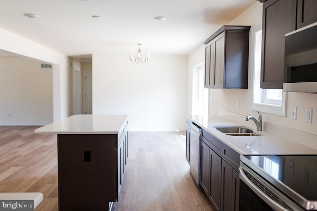 kitchen featuring stainless steel appliances, sink, a kitchen island, and light wood-type flooring