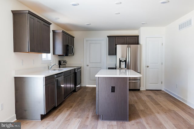 kitchen with a kitchen island, appliances with stainless steel finishes, sink, and dark brown cabinetry