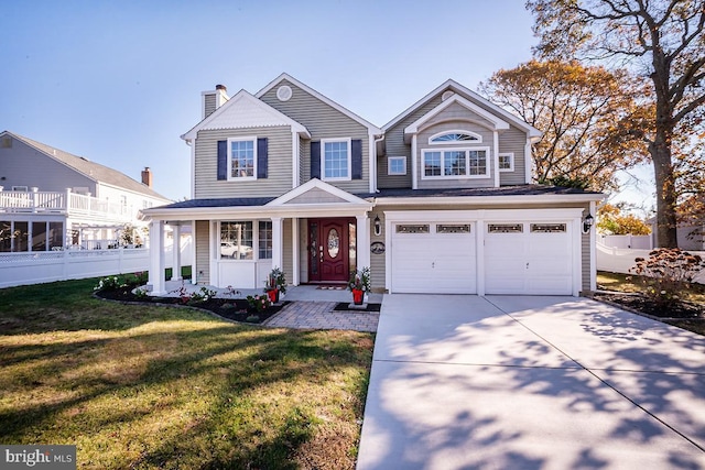 view of front of property featuring a garage, a porch, and a front yard