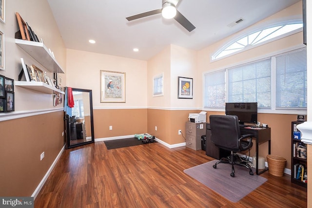 office area with dark hardwood / wood-style floors and ceiling fan