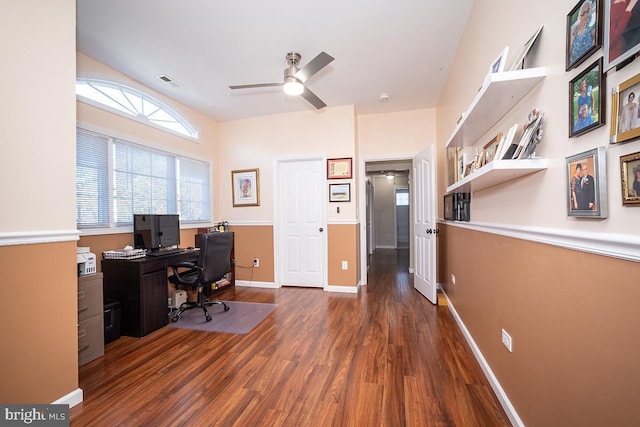 home office featuring ceiling fan and dark hardwood / wood-style flooring