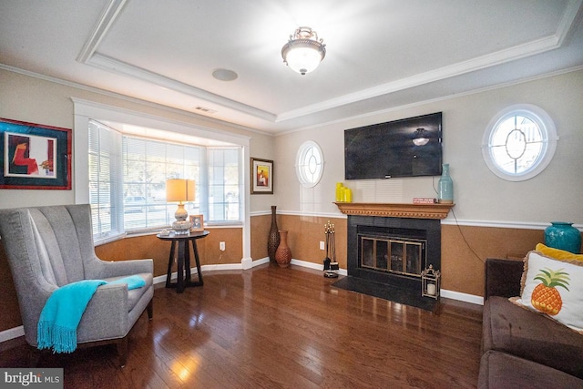 sitting room featuring dark wood-type flooring, plenty of natural light, and a raised ceiling