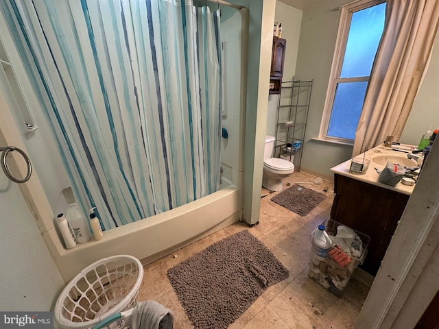 full bathroom with shower / bath combo, vanity, and toilet