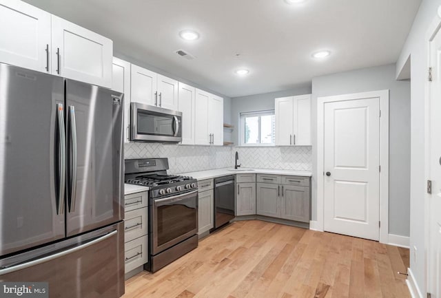 kitchen featuring appliances with stainless steel finishes, white cabinetry, sink, gray cabinetry, and backsplash