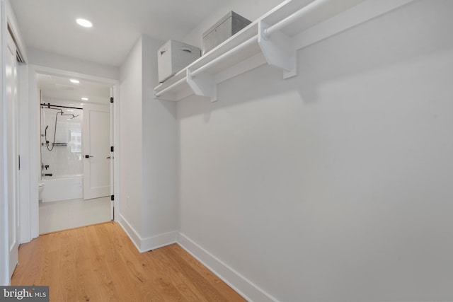 walk in closet with wood-type flooring