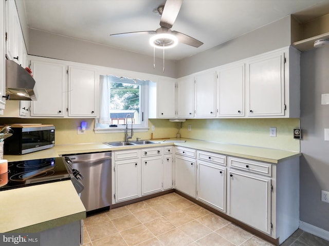 kitchen with sink, ceiling fan, white cabinets, and appliances with stainless steel finishes