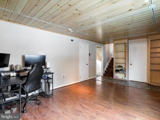 office area featuring hardwood / wood-style floors and wooden ceiling