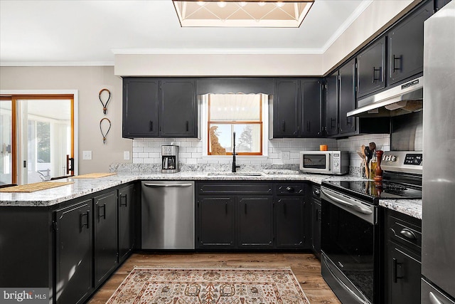 kitchen featuring appliances with stainless steel finishes, hardwood / wood-style floors, sink, kitchen peninsula, and crown molding