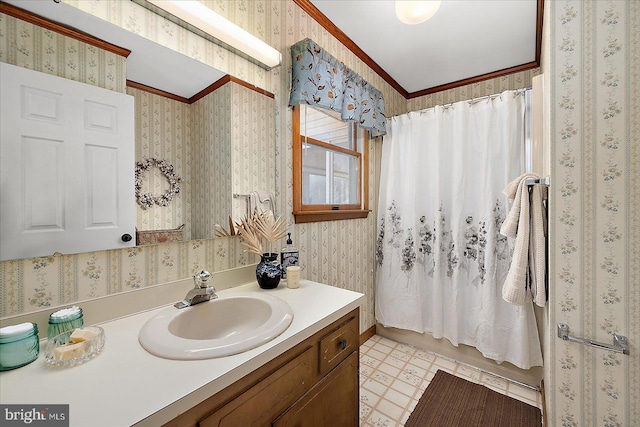 bathroom with vanity, crown molding, and shower / bath combination with curtain