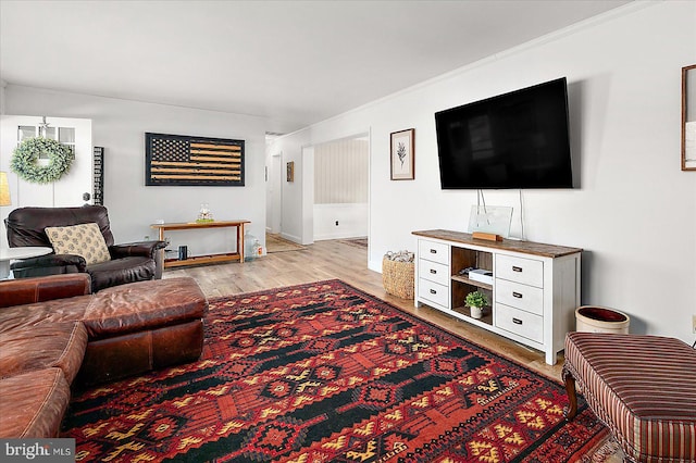 living room with ornamental molding and light wood-type flooring