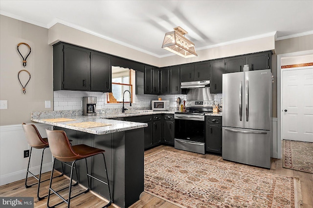 kitchen featuring backsplash, appliances with stainless steel finishes, kitchen peninsula, and light wood-type flooring