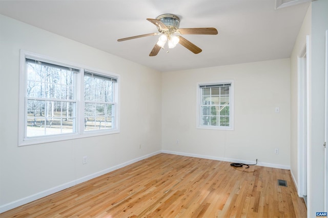 unfurnished room featuring plenty of natural light, ceiling fan, and light hardwood / wood-style flooring