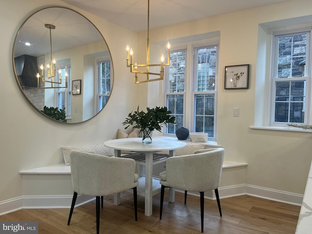 dining room with wood-type flooring and a chandelier