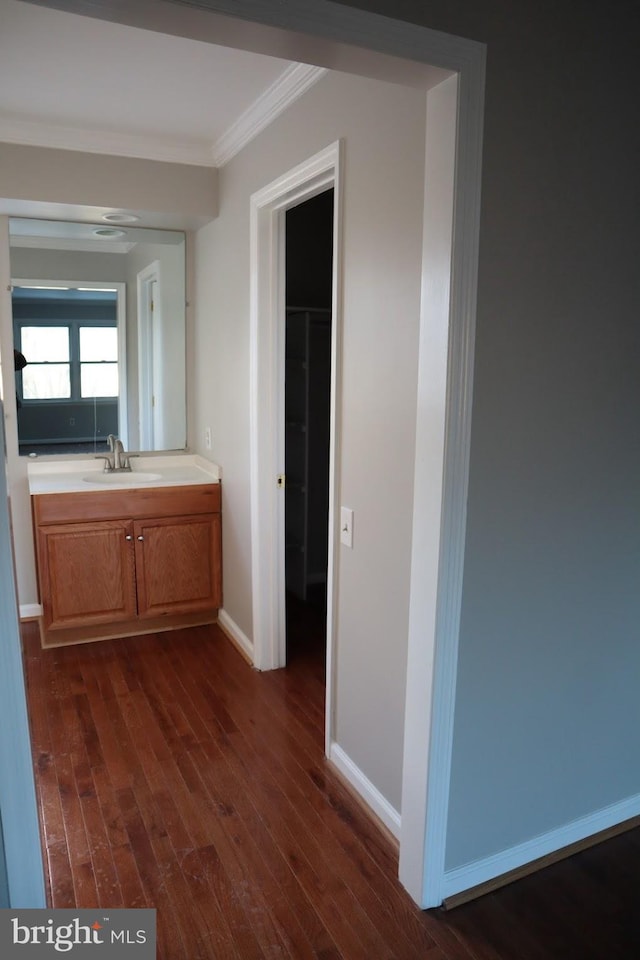 hall featuring dark wood-type flooring, ornamental molding, and sink