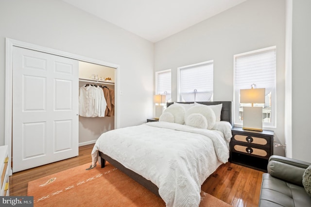 bedroom featuring wood-type flooring and a closet