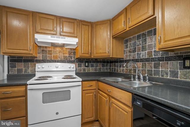 kitchen with electric stove, black dishwasher, sink, and backsplash