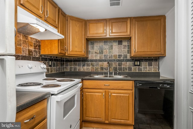 kitchen with sink, white appliances, and decorative backsplash