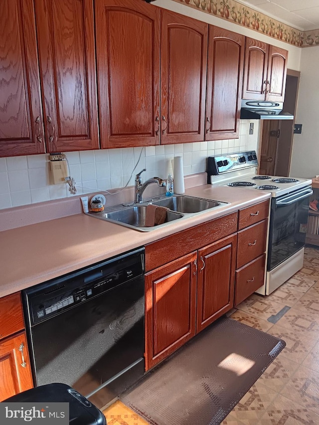 kitchen featuring white electric range, sink, tasteful backsplash, and dishwasher