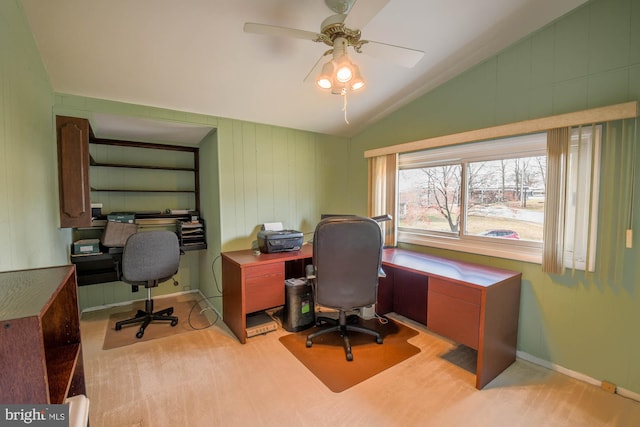 office area with ceiling fan and lofted ceiling