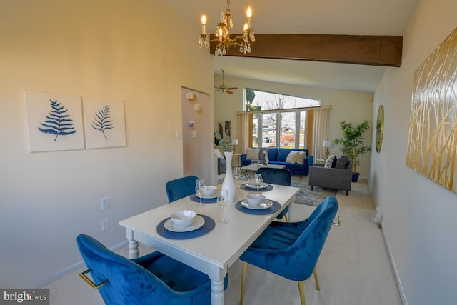 dining space with vaulted ceiling with beams, light colored carpet, and an inviting chandelier