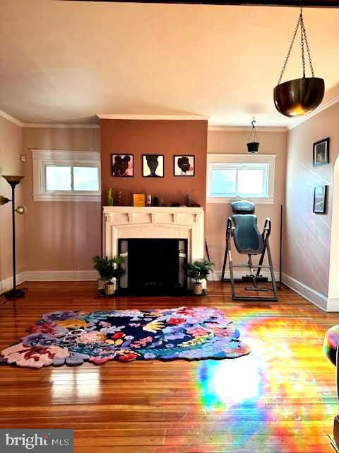 living room featuring ornamental molding, wood-type flooring, and a healthy amount of sunlight