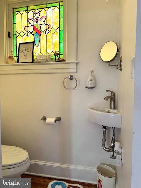 bathroom featuring hardwood / wood-style flooring, toilet, and sink