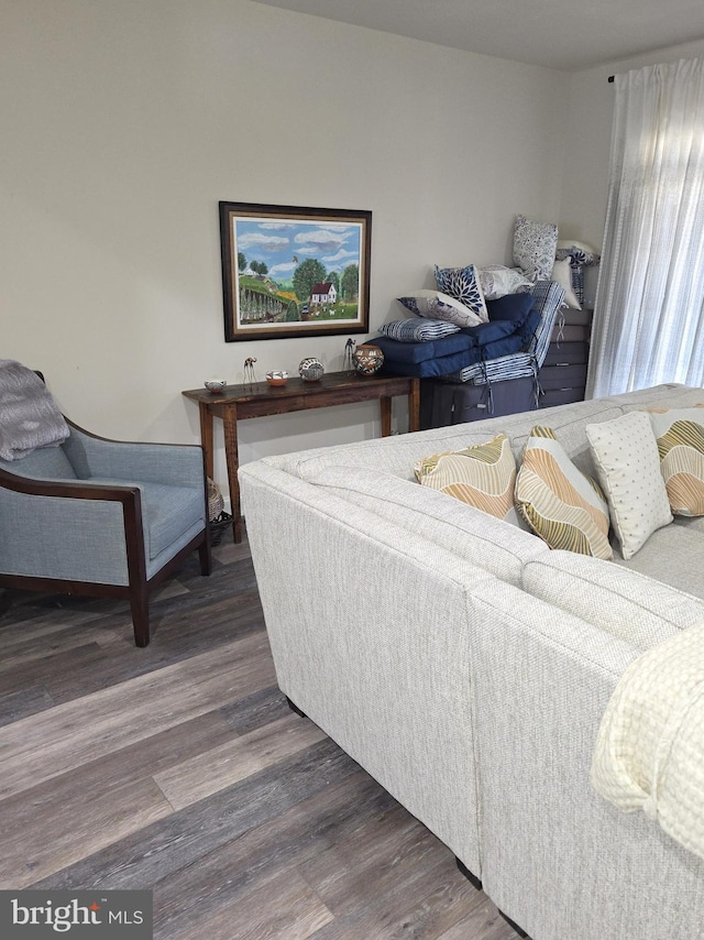 living room with dark hardwood / wood-style flooring