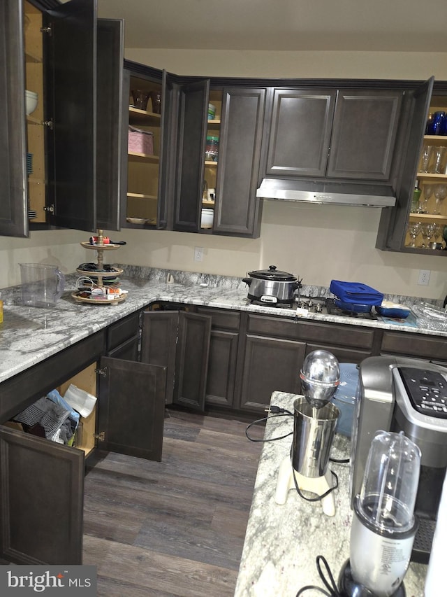 kitchen with dark hardwood / wood-style flooring, light stone countertops, and dark brown cabinetry