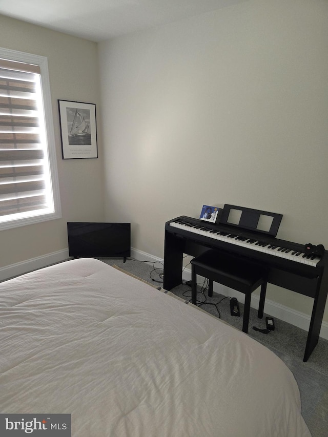 bedroom featuring light carpet