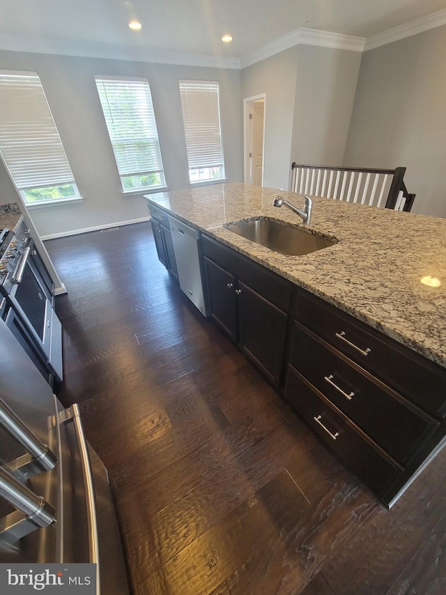 kitchen featuring sink, crown molding, dark hardwood / wood-style floors, light stone countertops, and stainless steel dishwasher