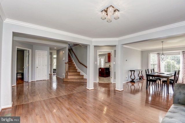 interior space featuring wood-type flooring, ornamental molding, and a chandelier