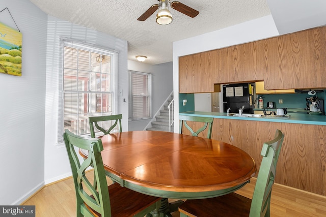 dining room featuring ceiling fan, sink, a textured ceiling, and light wood-type flooring