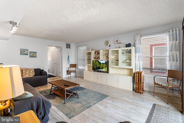 living room featuring light hardwood / wood-style flooring and a textured ceiling