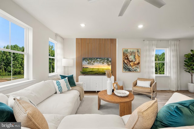 living room featuring a wealth of natural light, light hardwood / wood-style floors, and ceiling fan