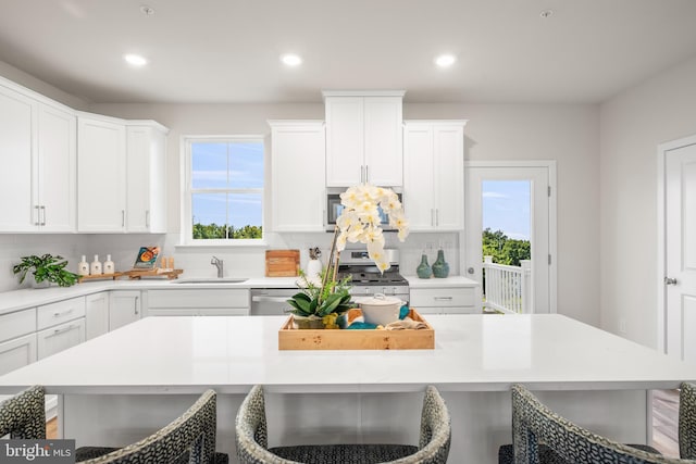 kitchen featuring stainless steel appliances, white cabinetry, sink, and a kitchen breakfast bar