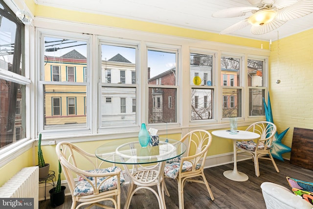 sunroom with a wealth of natural light, radiator heating unit, and ceiling fan