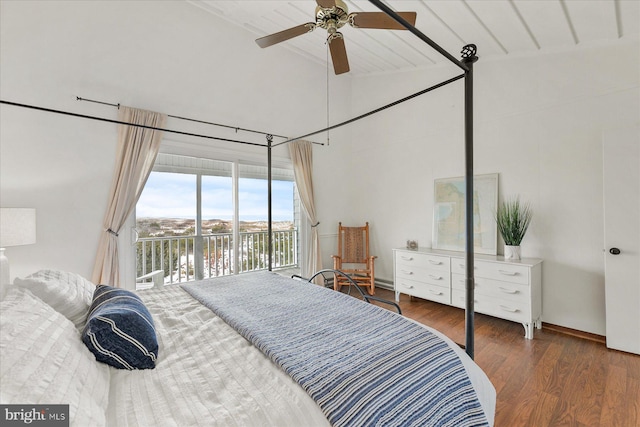 bedroom featuring access to outside, high vaulted ceiling, dark hardwood / wood-style floors, and ceiling fan