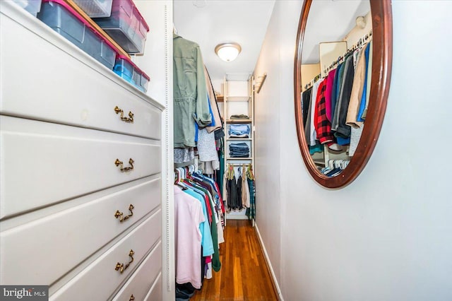 walk in closet with dark wood-style floors