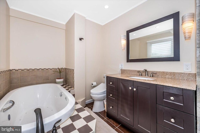 full bath featuring toilet, a jetted tub, tile patterned flooring, crown molding, and vanity