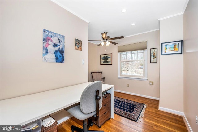 office space featuring ornamental molding, recessed lighting, wood finished floors, and baseboards