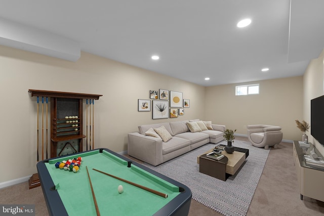 recreation room featuring billiards and light carpet