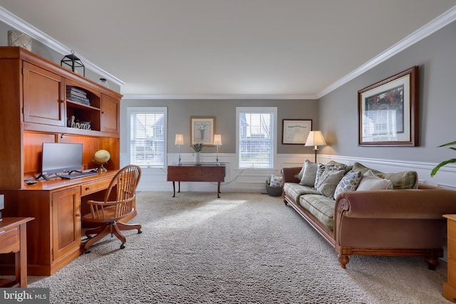 office with light colored carpet, plenty of natural light, and ornamental molding