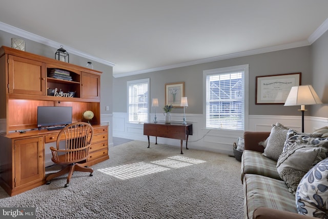 carpeted office with ornamental molding