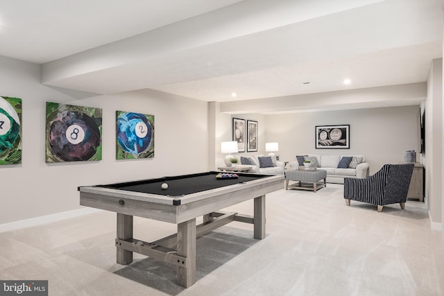 game room featuring light colored carpet and billiards