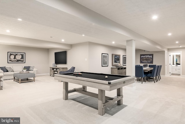 rec room featuring light colored carpet and billiards