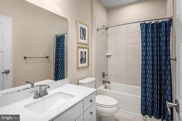 full bathroom with vanity, shower / bathtub combination with curtain, and toilet