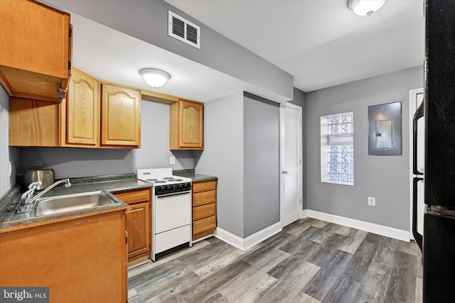 kitchen with sink, dark wood-type flooring, electric panel, and white electric range oven